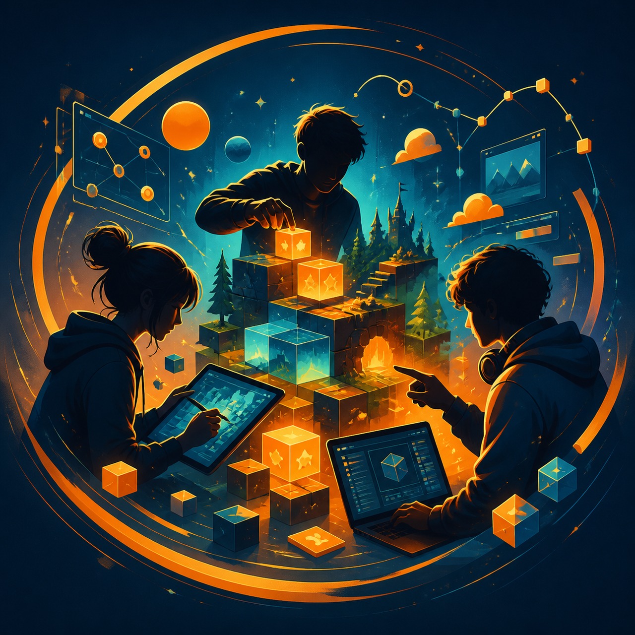 Scène collaborative d'une équipe qui construit des expériences interactives chez CocoonDevLab