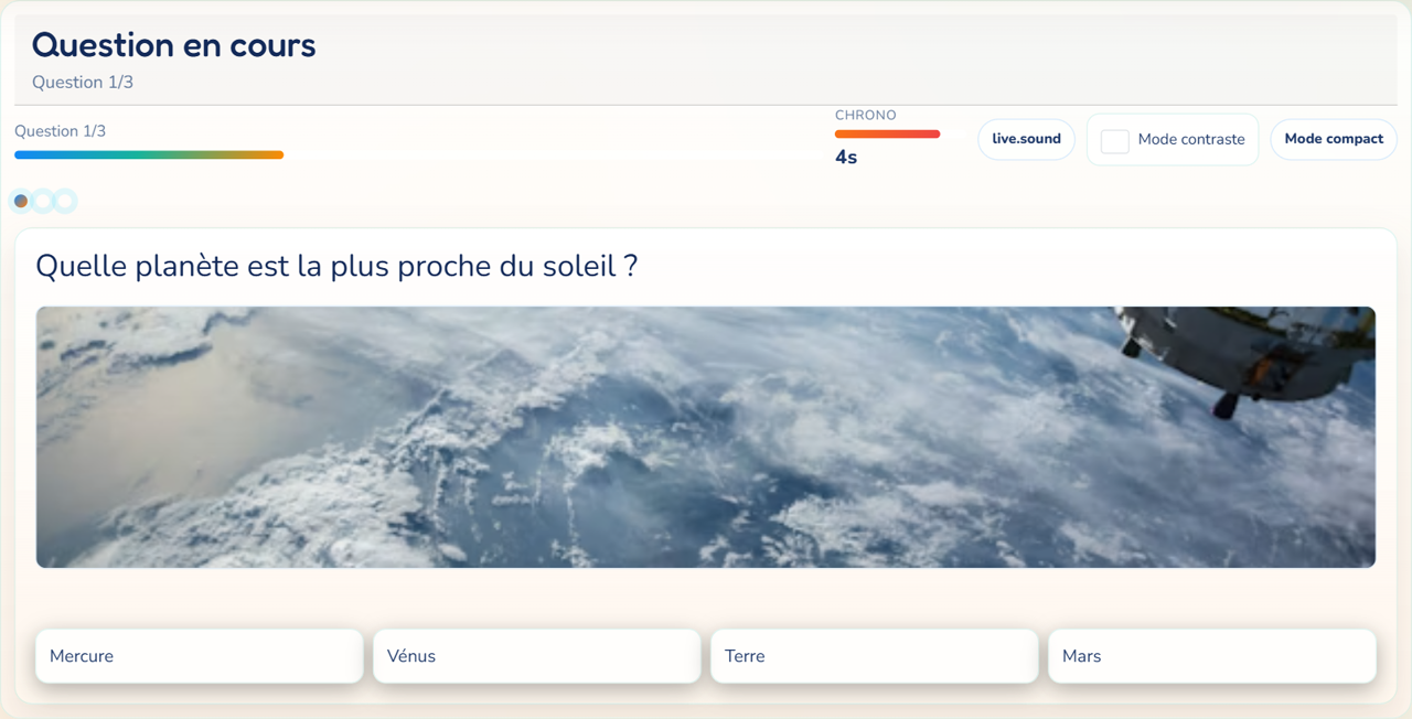 Question live SparkQuiz avec chrono et réponses